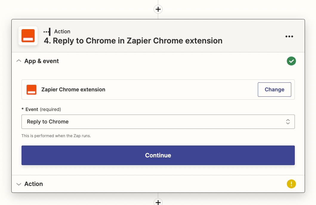 An action step in the Zap editor with the Zapier Chrome extension selected and Reply to Chrome selected in the Event field.