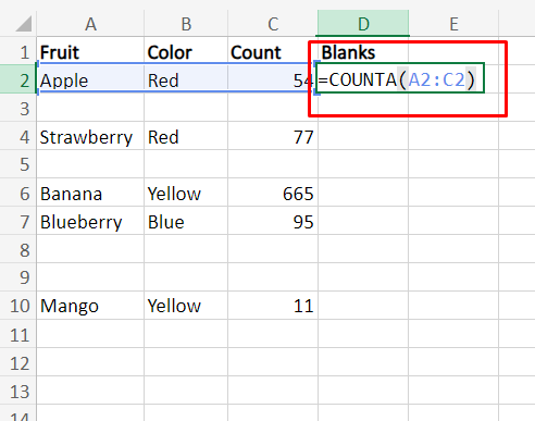 The COUNTA formula in Excel to delete blank rows