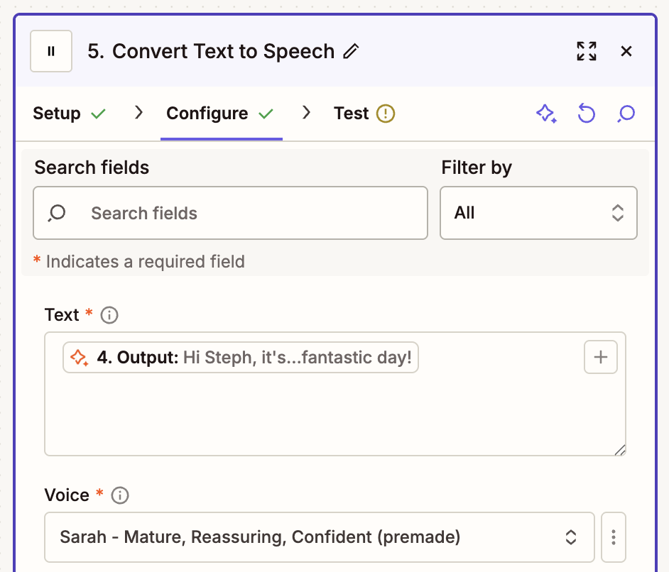 The configuration for an ElevenLabs action step in the Zap editor