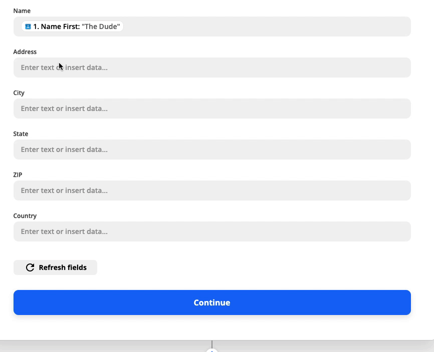 A gif showing how to map fields in the Zapier editor. When you click in an empty input field, you get a dropdown menu of address information you can select from your Google Contacts test data.