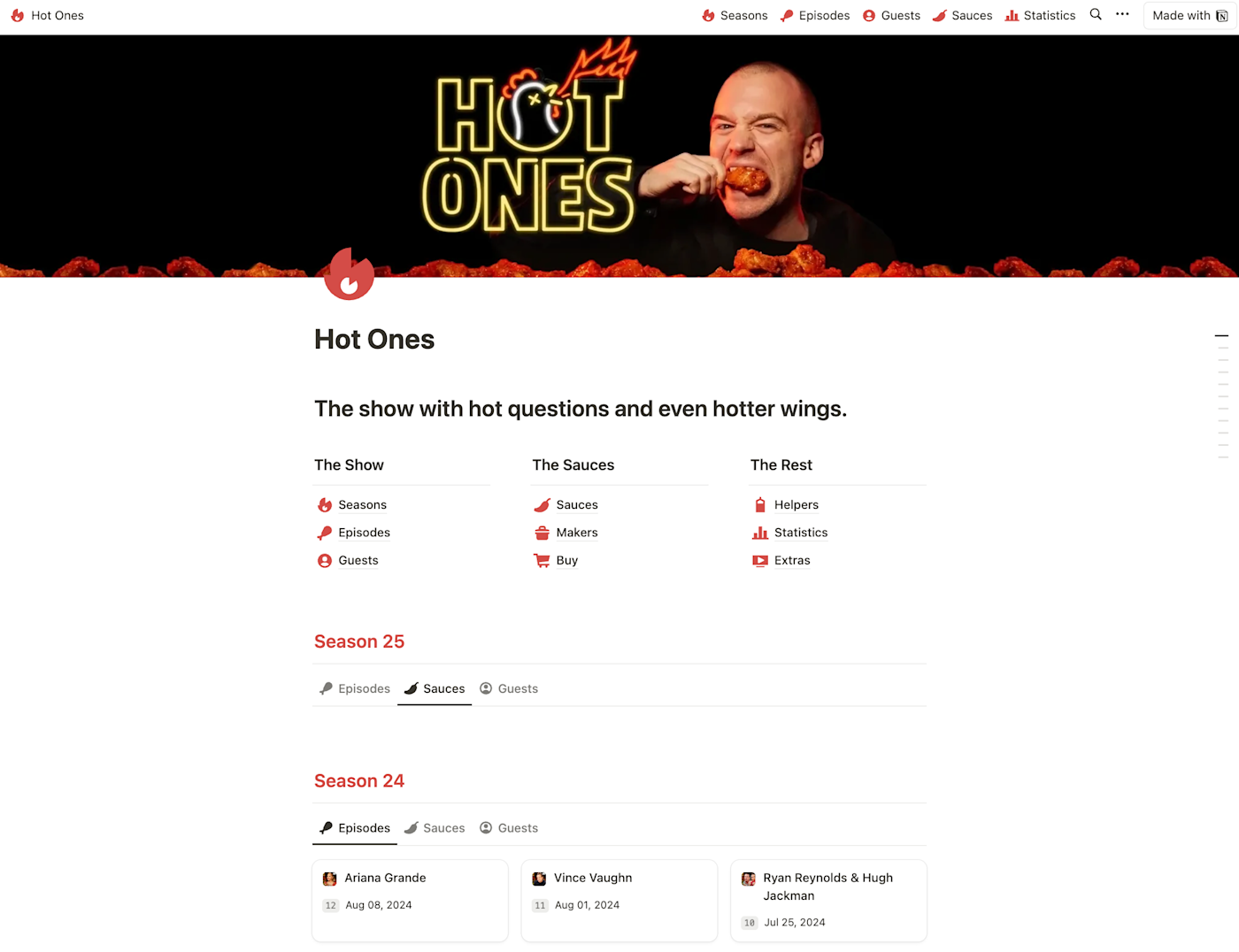 Screenshot of a Notion website documenting Hot Ones statistics.