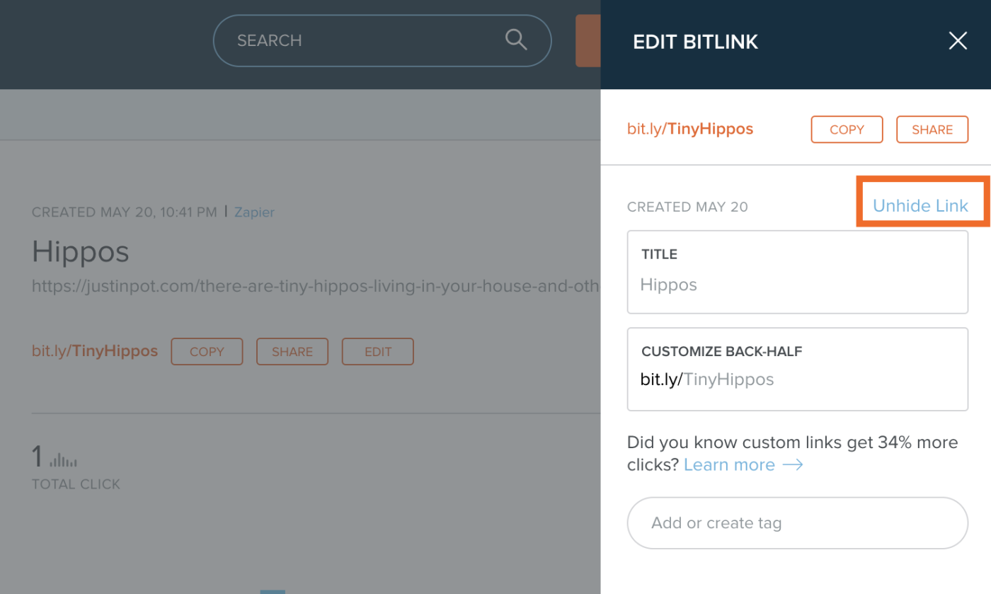 Unhide a link in Bitly