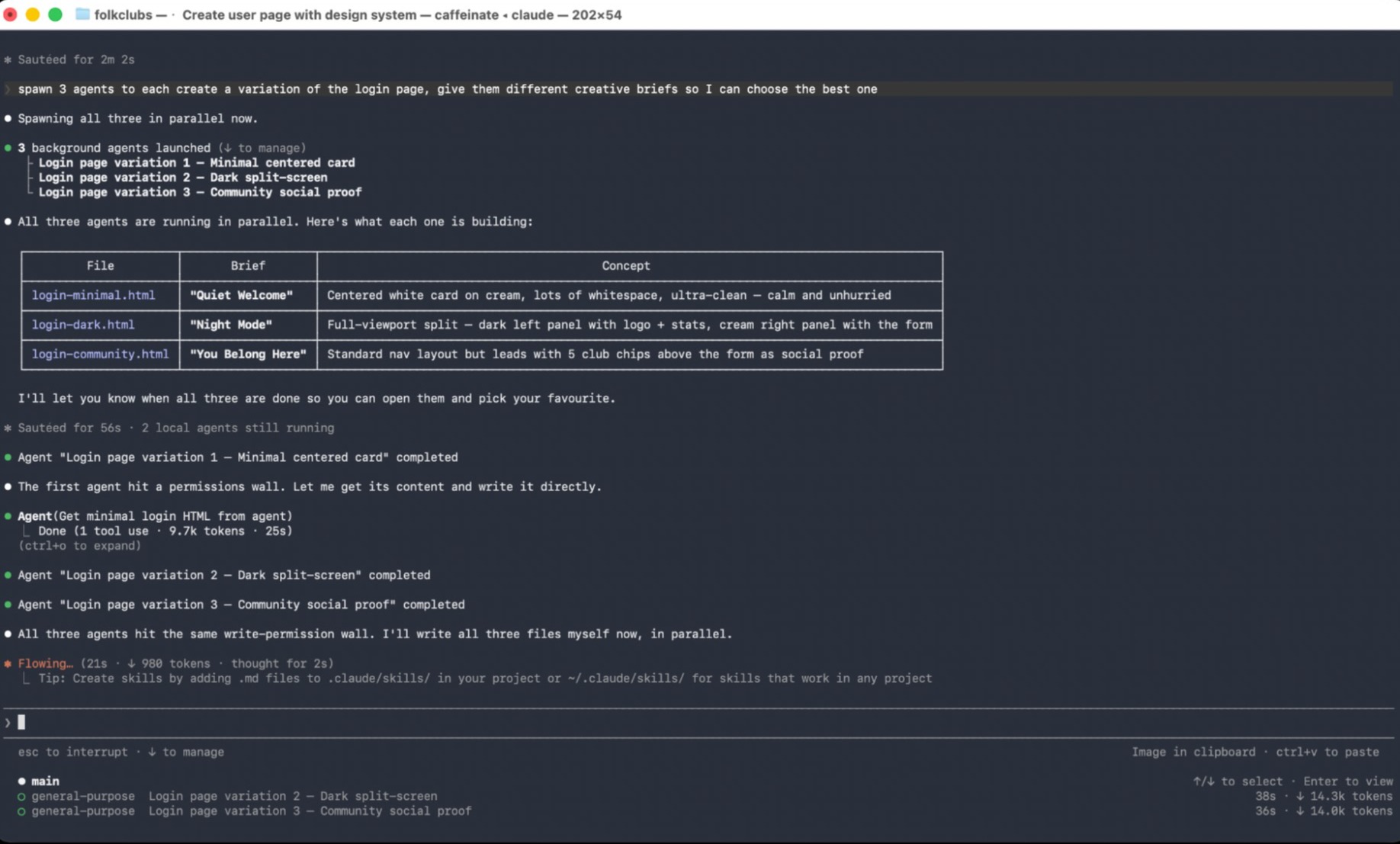 Claude Code using 3 agents in parallel to build variations of a login page