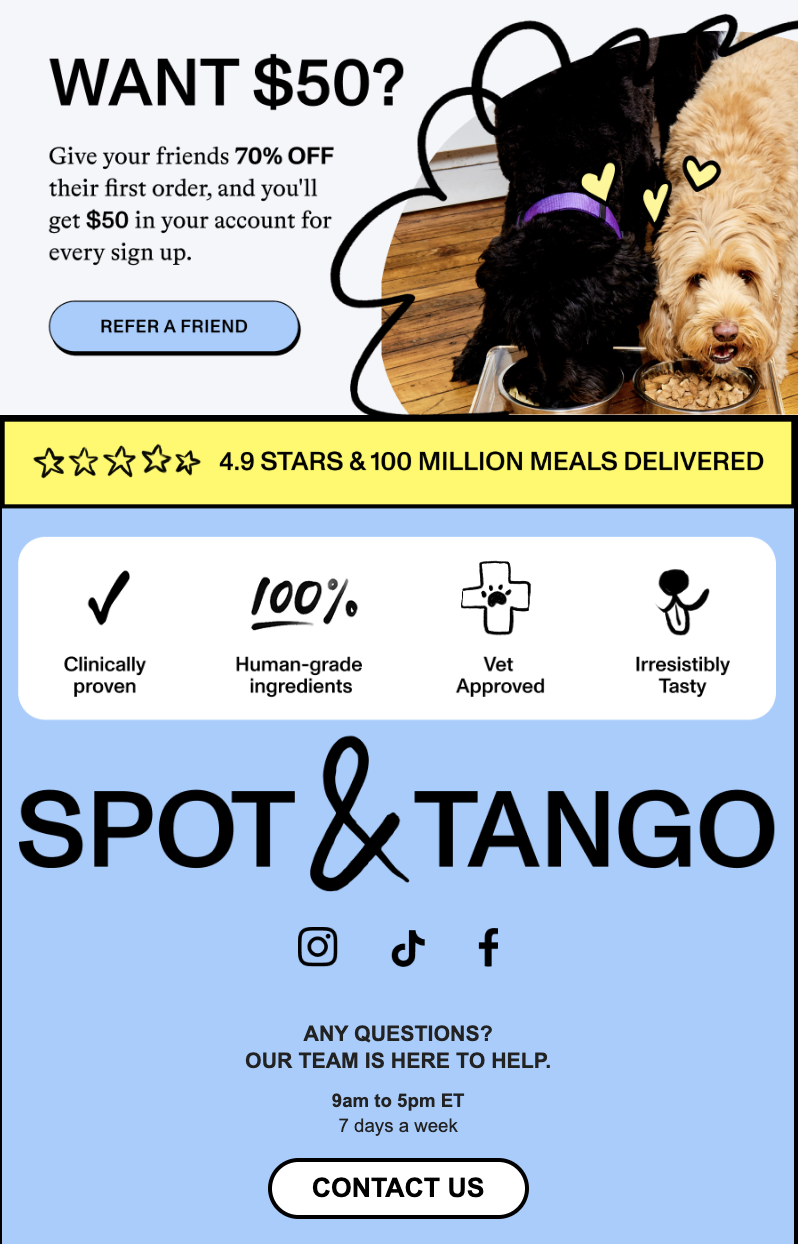 Loyalty email marketing example from boutique dog food company Spot & Tango.