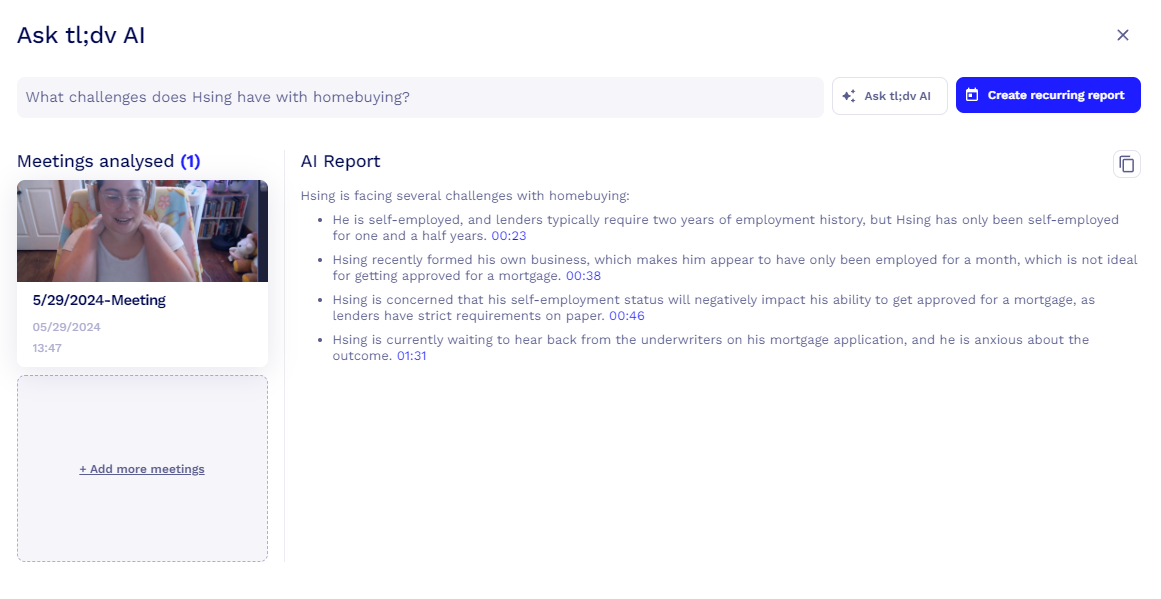 Example of an AI report generated by tldv. 