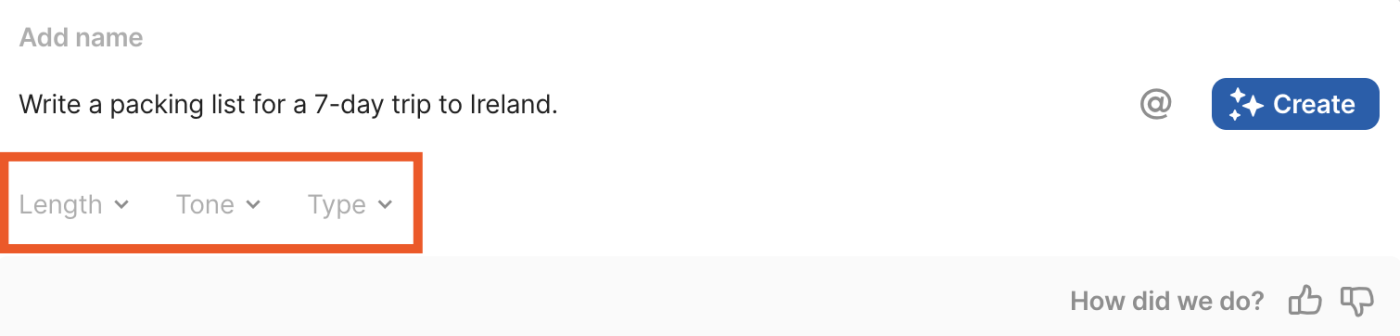 Coda AI prompt box with the instructions "Write a packing list for a 7-day trip to Ireland" entered. Beneath the text instructions are three categories of ways to fine-tune the results: Length, Tone, and Type. 