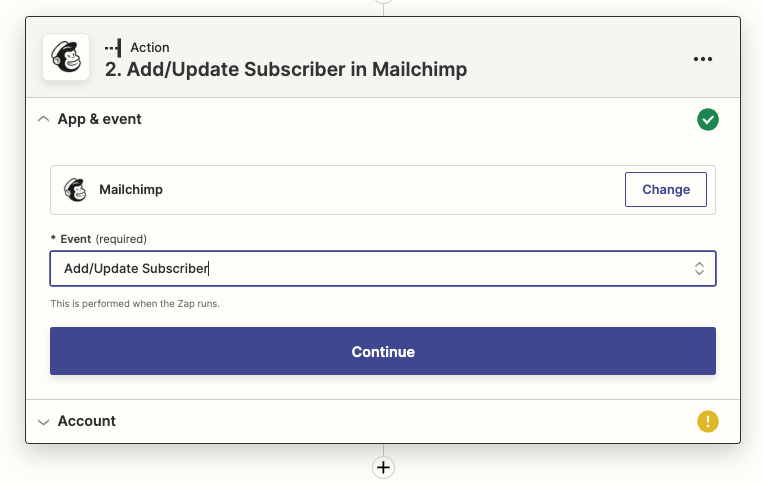 Mailchimp has been selected with Add/Update Subscriber selected in the Event field.
