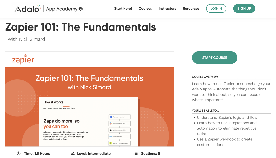 Adalo's App Academy course called "Zapier 101: The Fundamentals". 