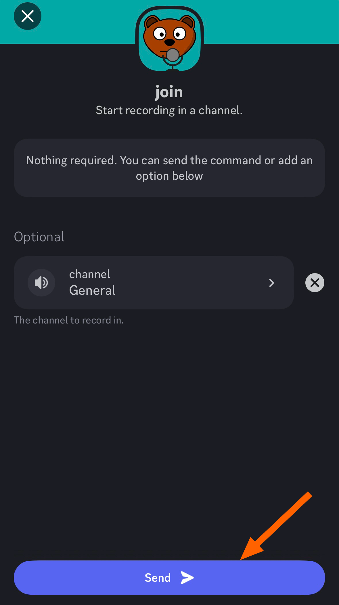 Screenshot showing how to start a Craig recording on Discord mobile