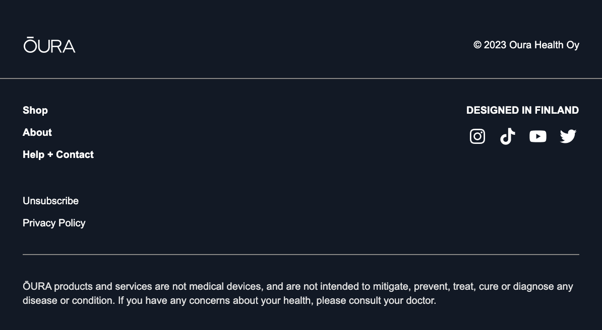 The unsubscribe option on an email from Oura