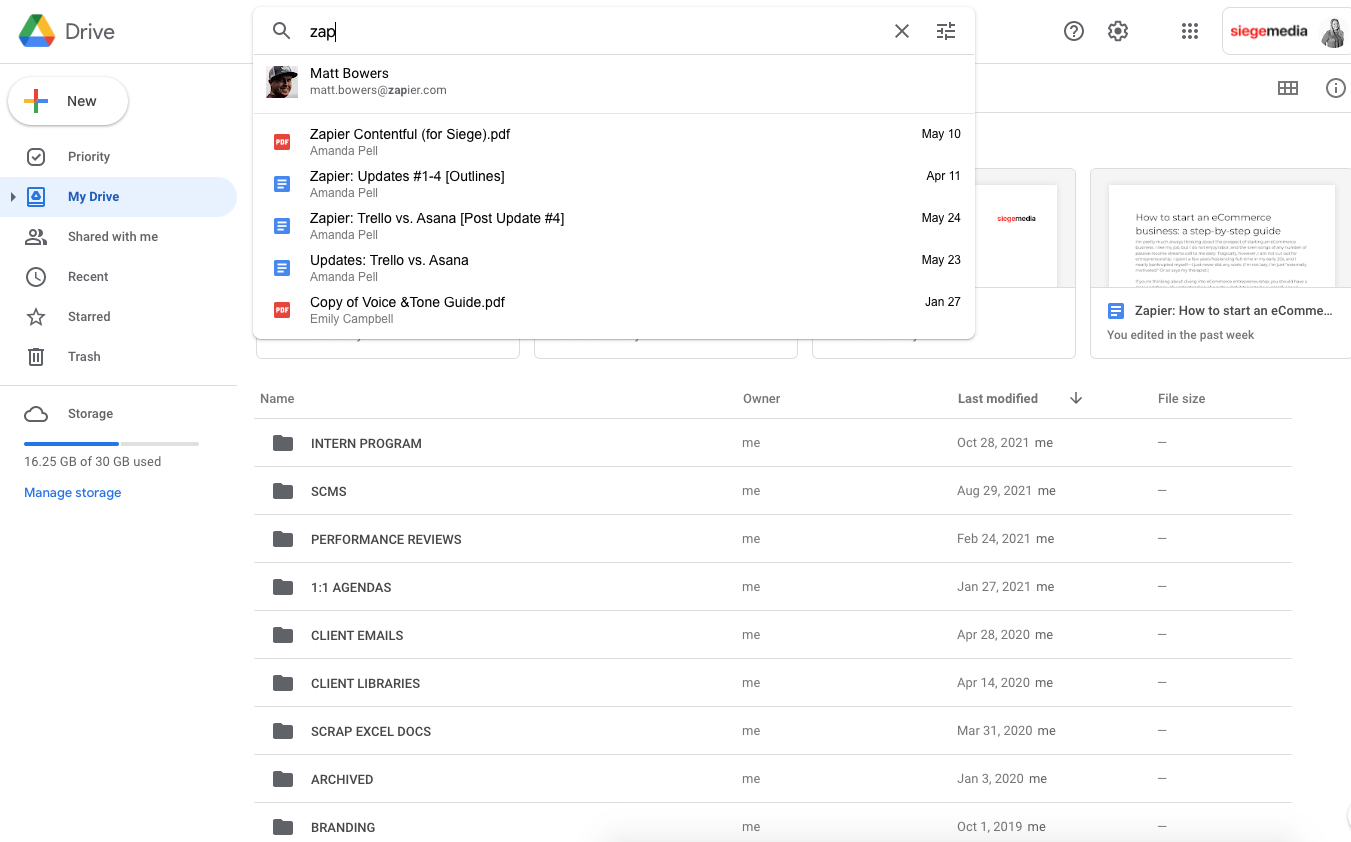 Screenshot of Google Drive's search function