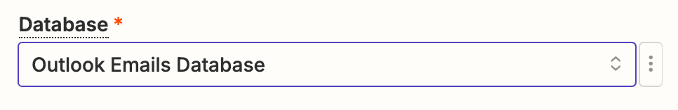 The Database field in the Zap editor with Outlook Emails Database selected.