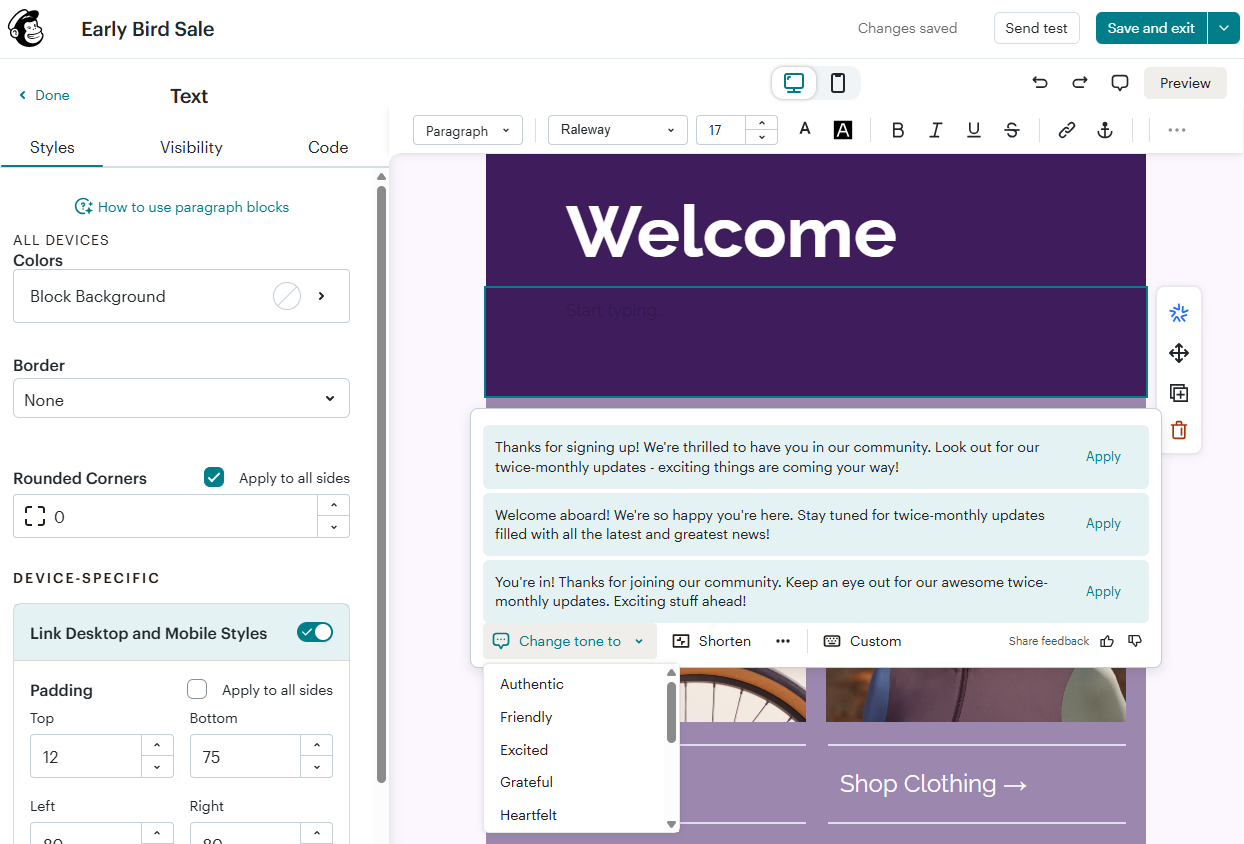 Mailchimp's AI assistant in the editor