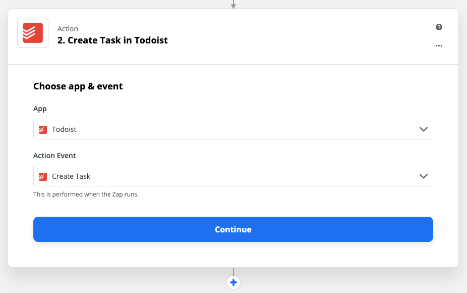 Zap Action set-up: Create task in ToDoist: Choose app & event