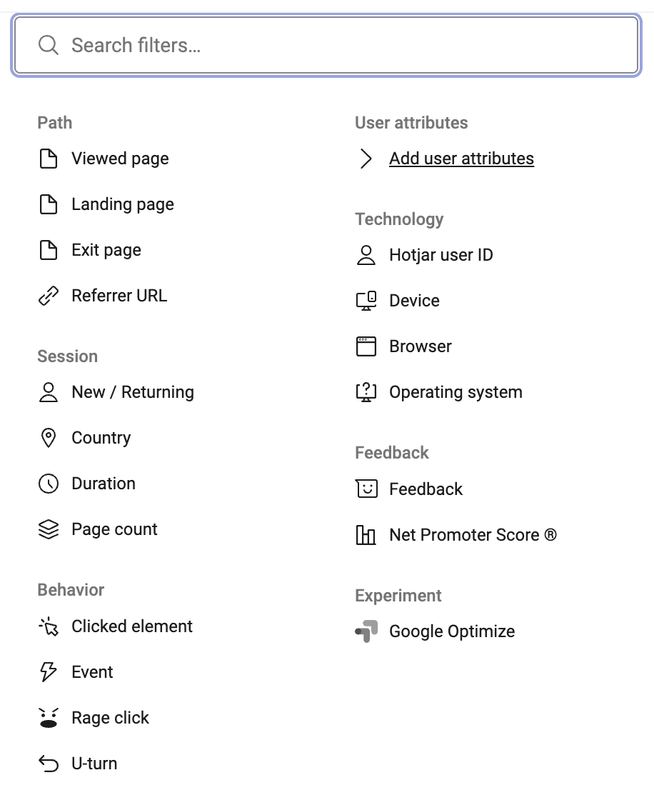 A list of filters, including paths, sessions, behavior, user attributes, technology, and more.