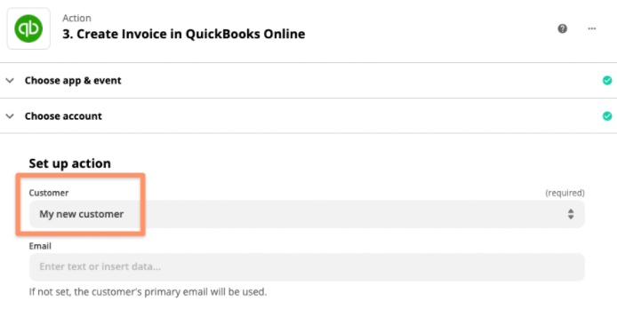 A box highlights the Customer field when setting up a QuickBooks action in the Zap editor. There is text typed in the dropdown field.