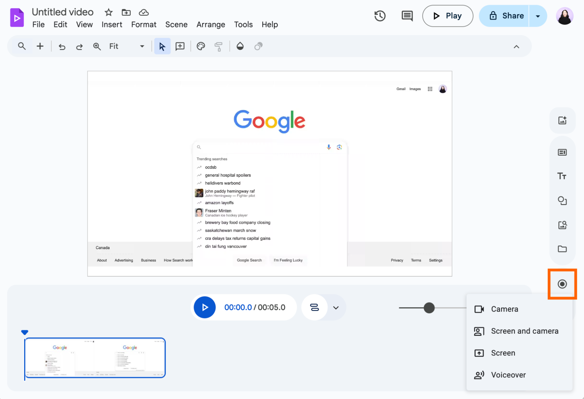 Google Vids editor with the option to add a new recording highlighted. 
