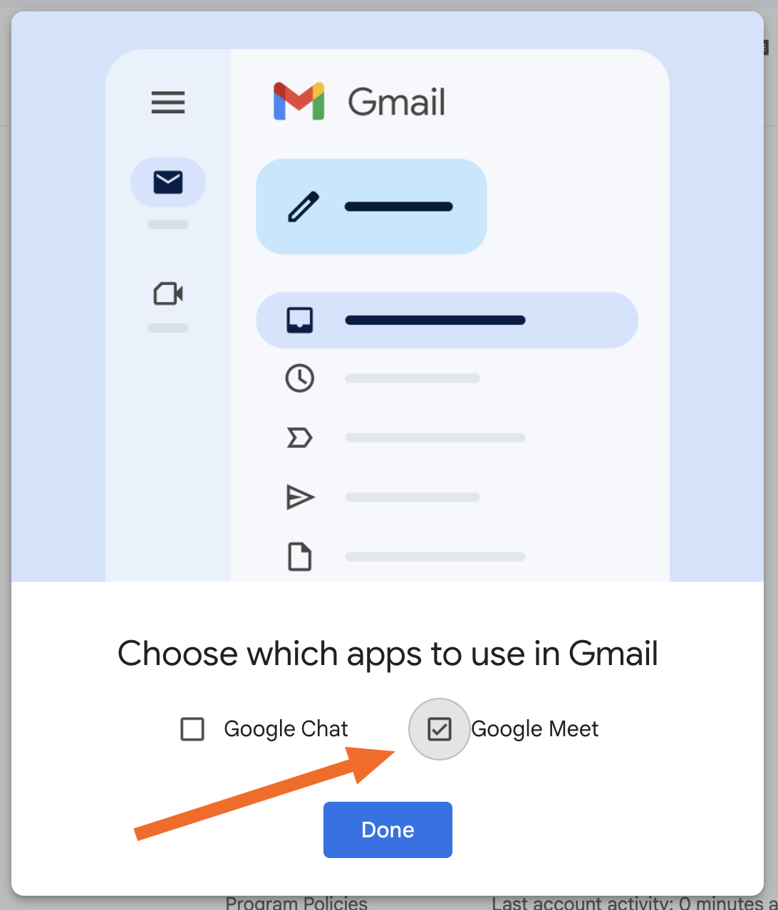 The checkbox for adding Meet to Gmail