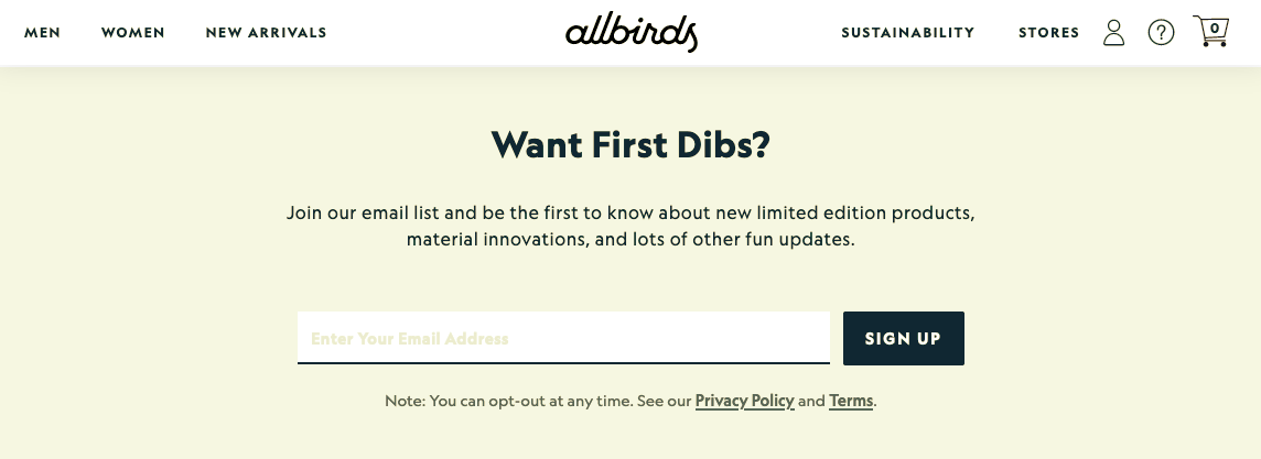 A CTA on the Allbirds website to sign up for their newsletter, with the button text "SIGN UP"