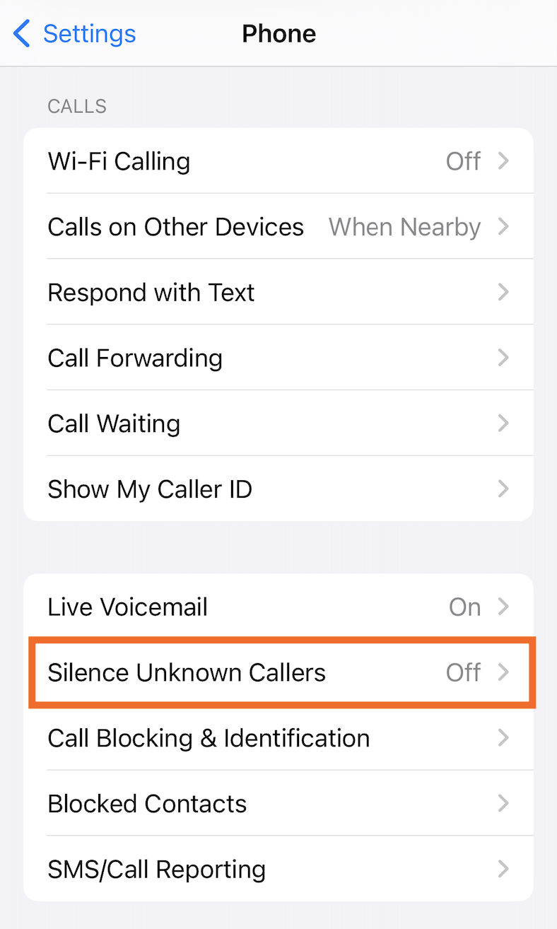 iPhone phone settings with silence unknown callers highlighed.