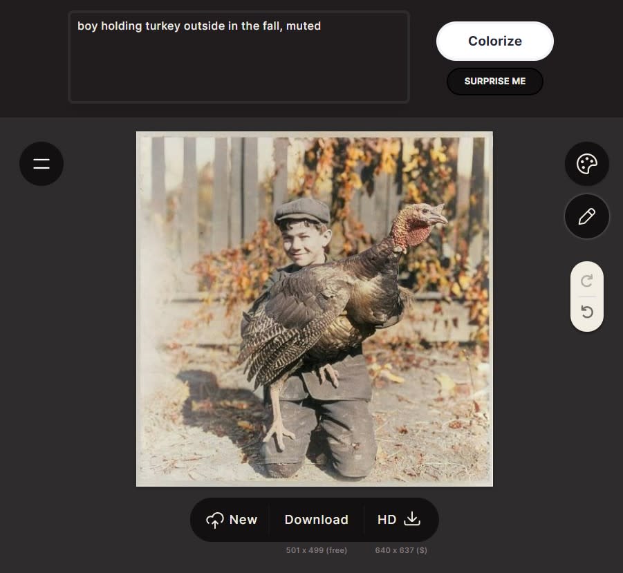 Using an AI prompt to colorize a photo with Palette