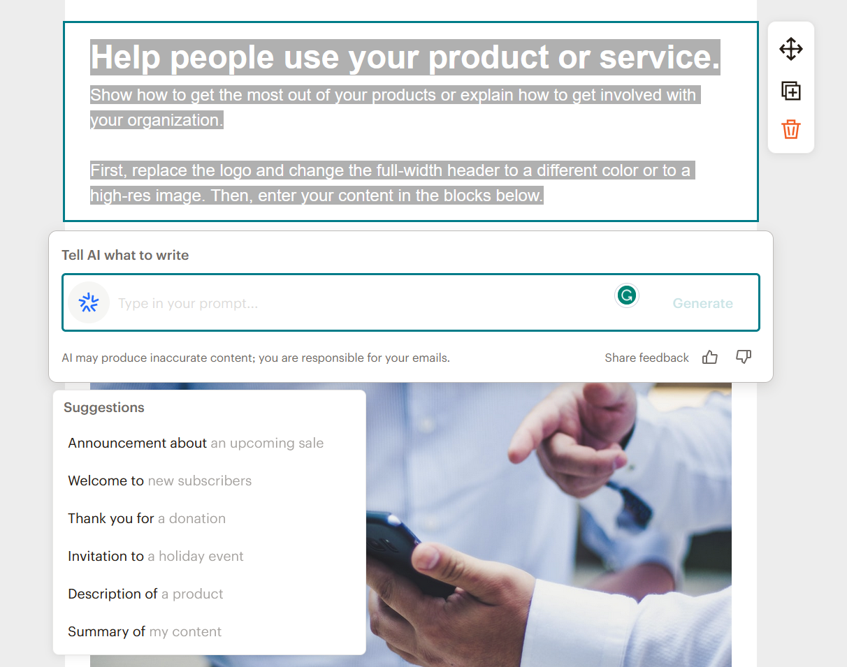 Mailchimp's AI-generated text built in to the email editor