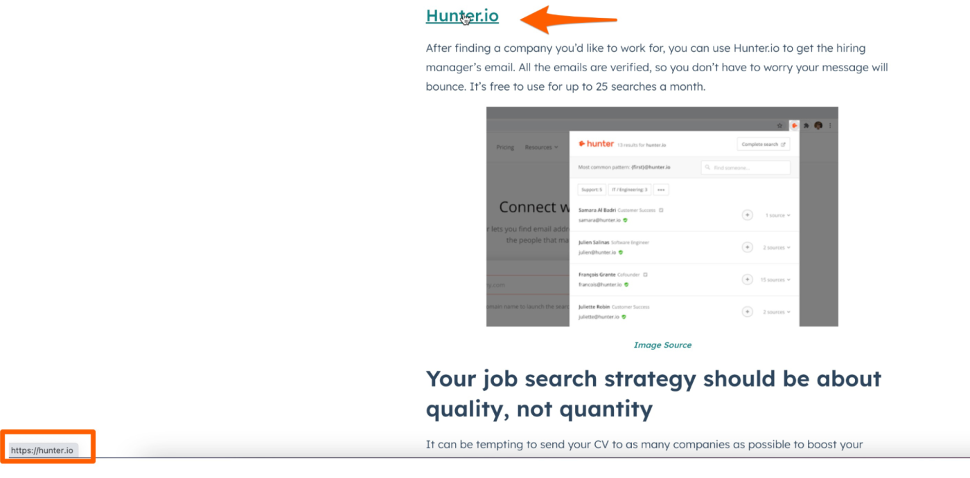 Backlink to Hunter in HubSpot's blog post