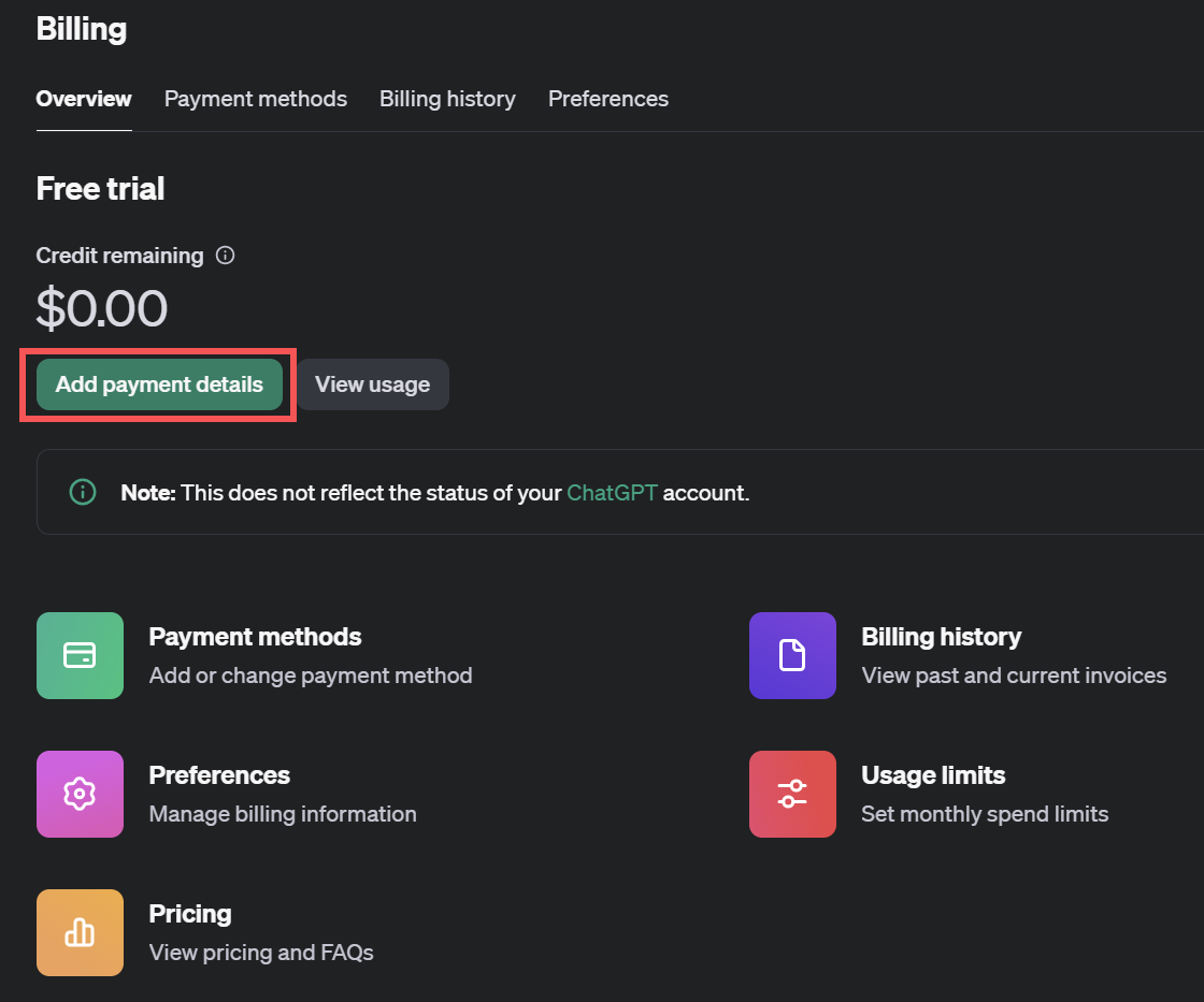 The Add payment details button in the Billing section of the OpenAI playground