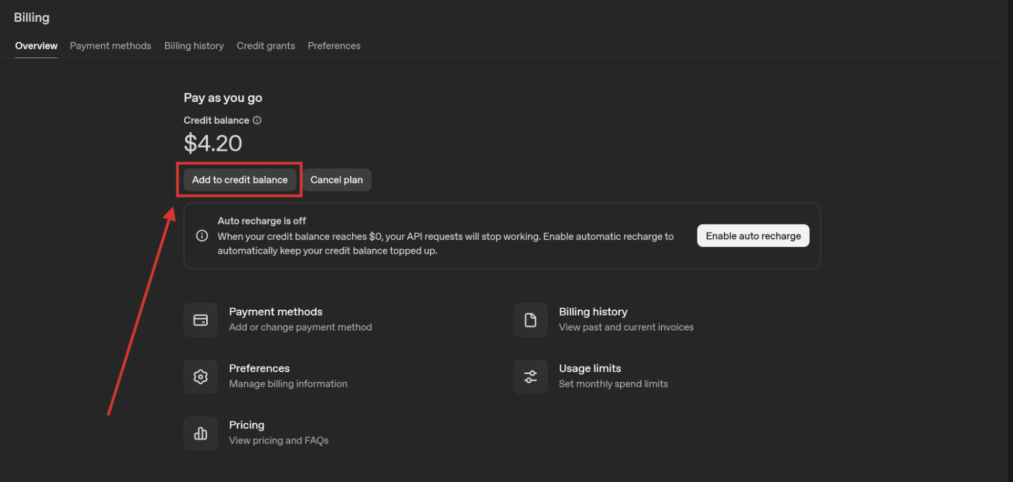 The Add credit button in the Billing section of the OpenAI playground