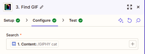 Content from a Discord step is shown mapped in the Search field of a GIPHY step.