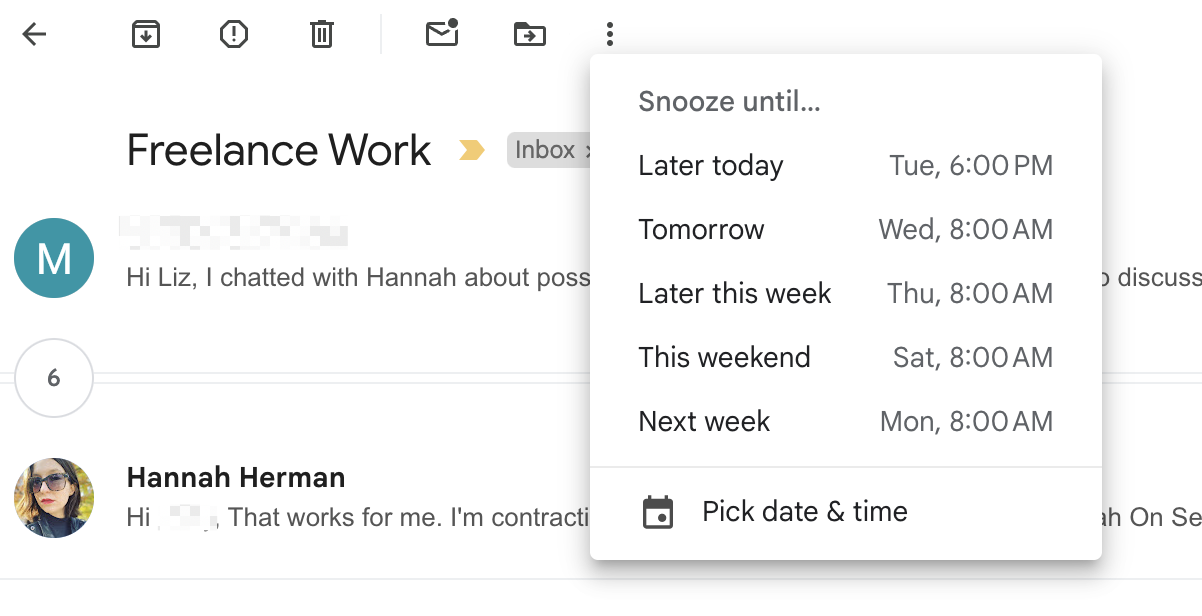 Snoozing an email in Gmail