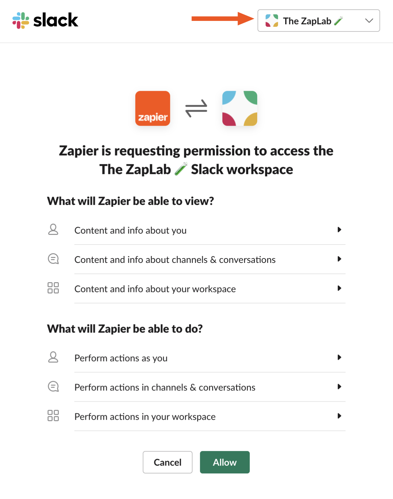 A screenshot of the permissions pop-up. Zapier is requesting permission to access a Slack workspace. An arrow highlights the workspace picker in the top-right corner.