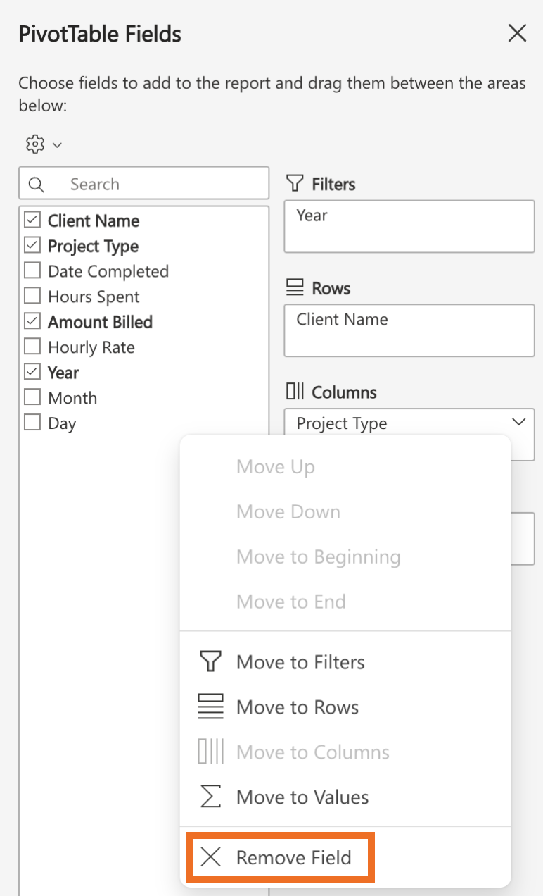 In the PivotTable Fields sidebar, click a field dropdown and select "Remove field."