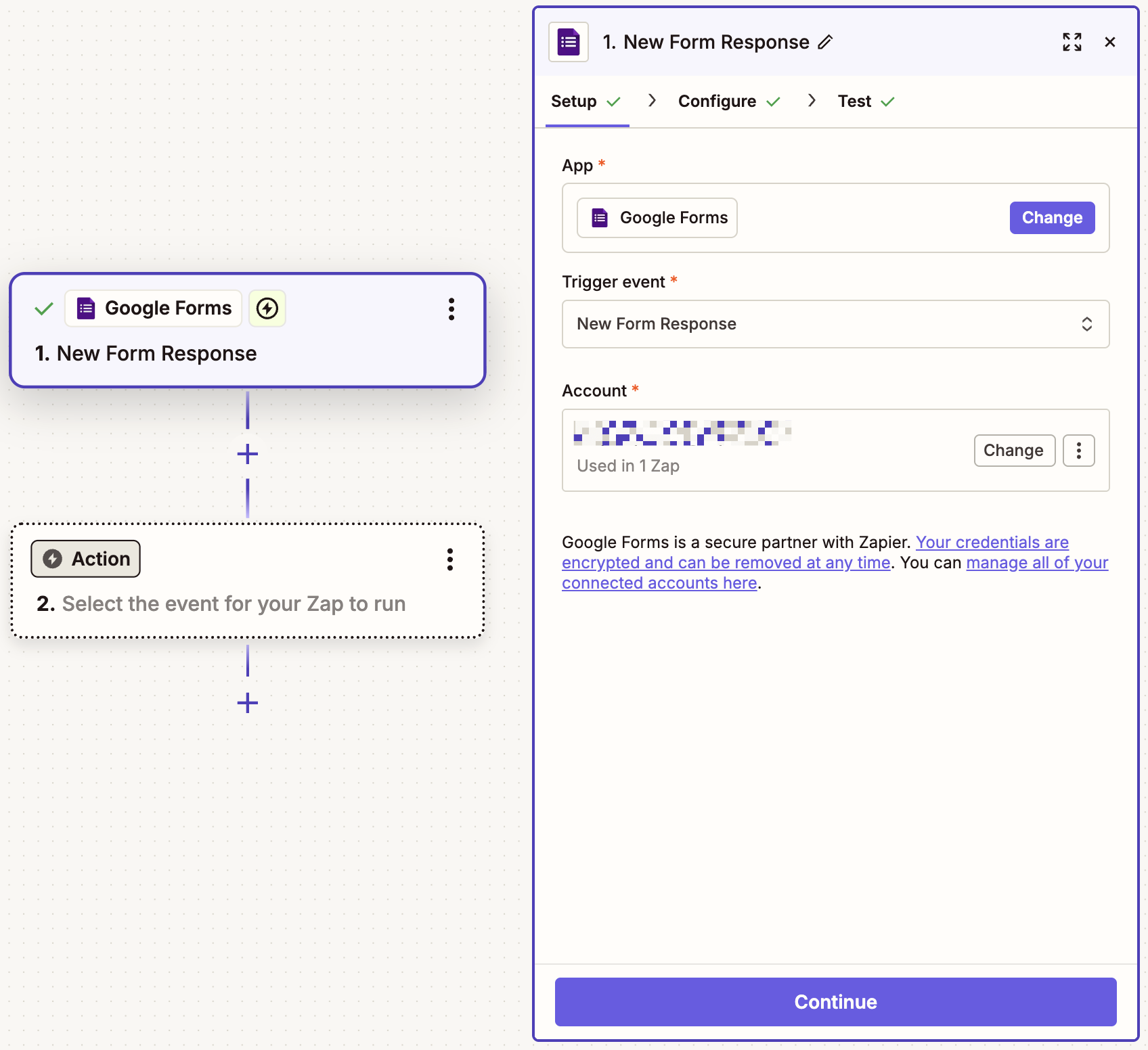 The Zapier editor showing a Google Forms New Form Response trigger displaying fields to select an app, event, and account