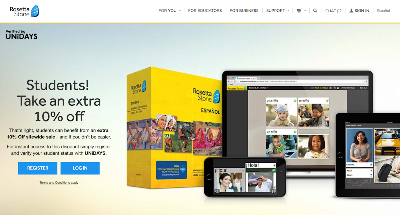 Rosetta Stone student discount landing page