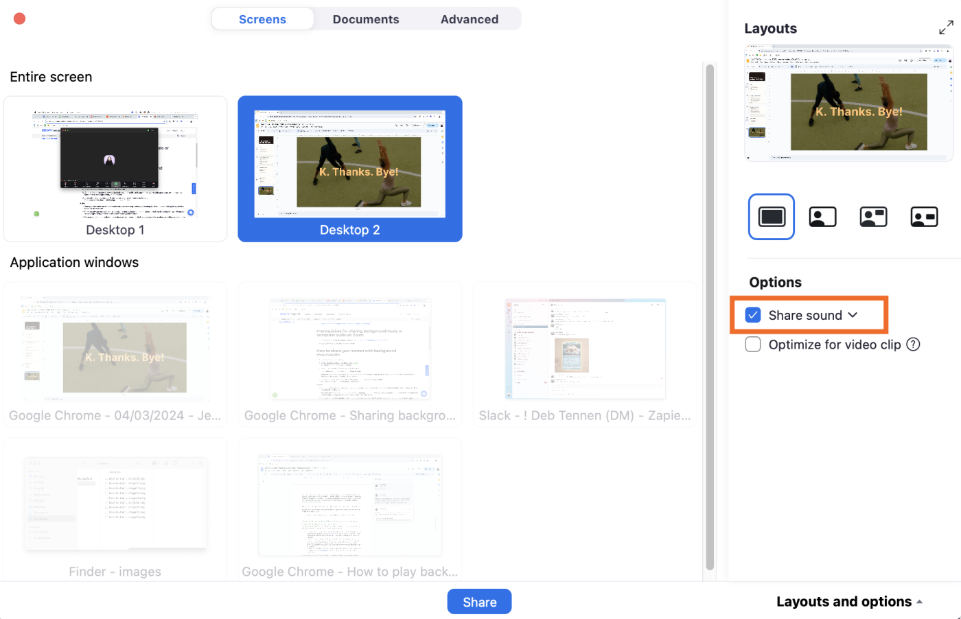 Zoom screen share window with the option to share sound selected.