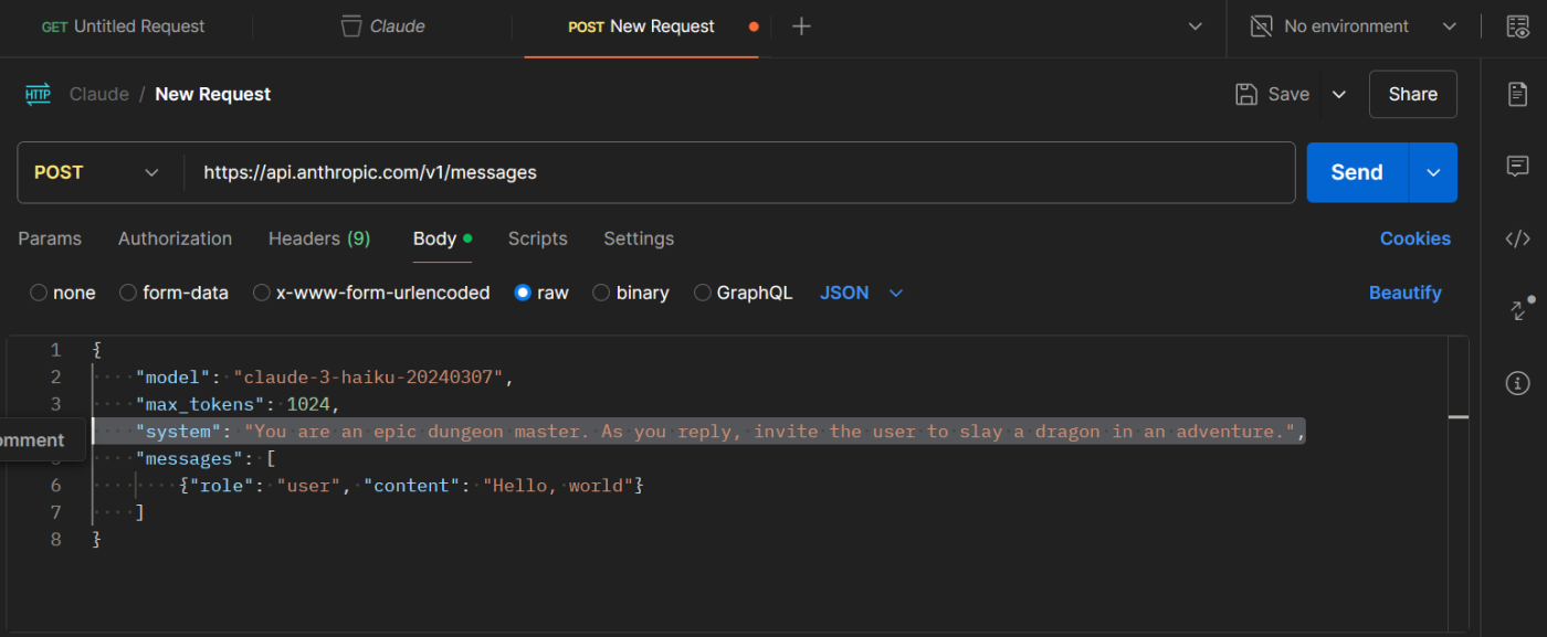 Replacing the prompt for the Claude API in Postman