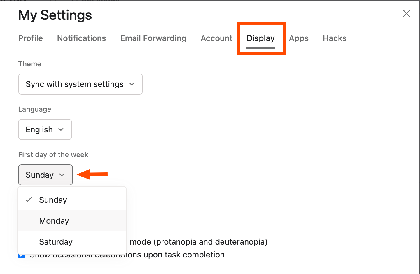 Asana's My Settings window with the Display tab selected and highlighted. Under the display option "First day of the week," an arrow points to a dropdown menu with the options Sunday, Monday, and Saturday.