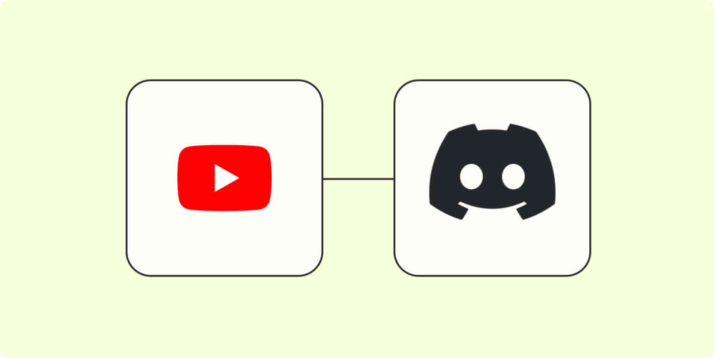 A hero image of the YouTube app logo connected to the Discord app logo on a light yellow background.