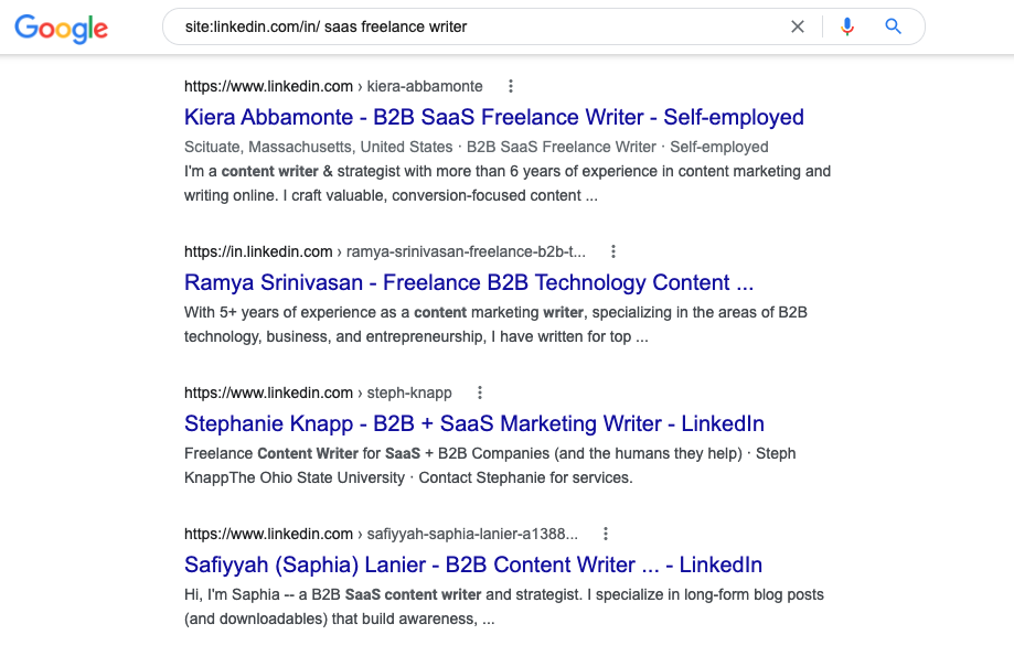 Google Search results for freelance writers on LinkedIn