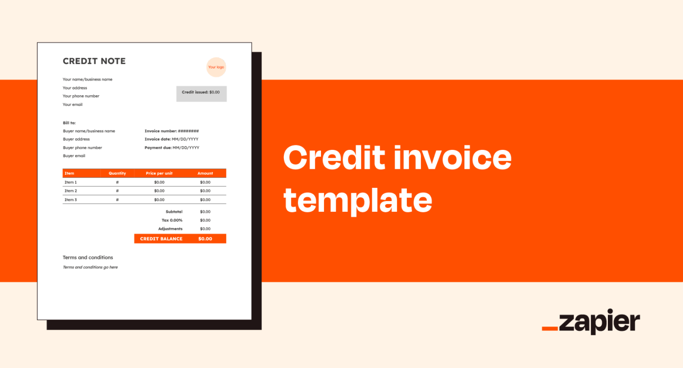 Illustrated image of Zapier's credit invoice template on an orange background