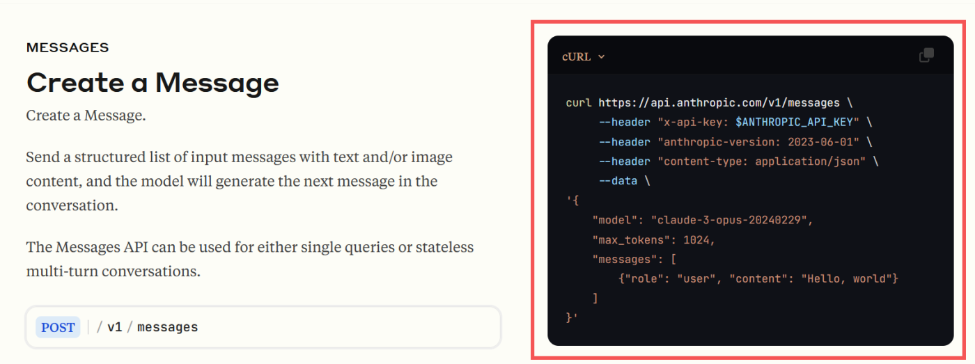 The JSON in the Create a Message section of the Anthropic API documentation