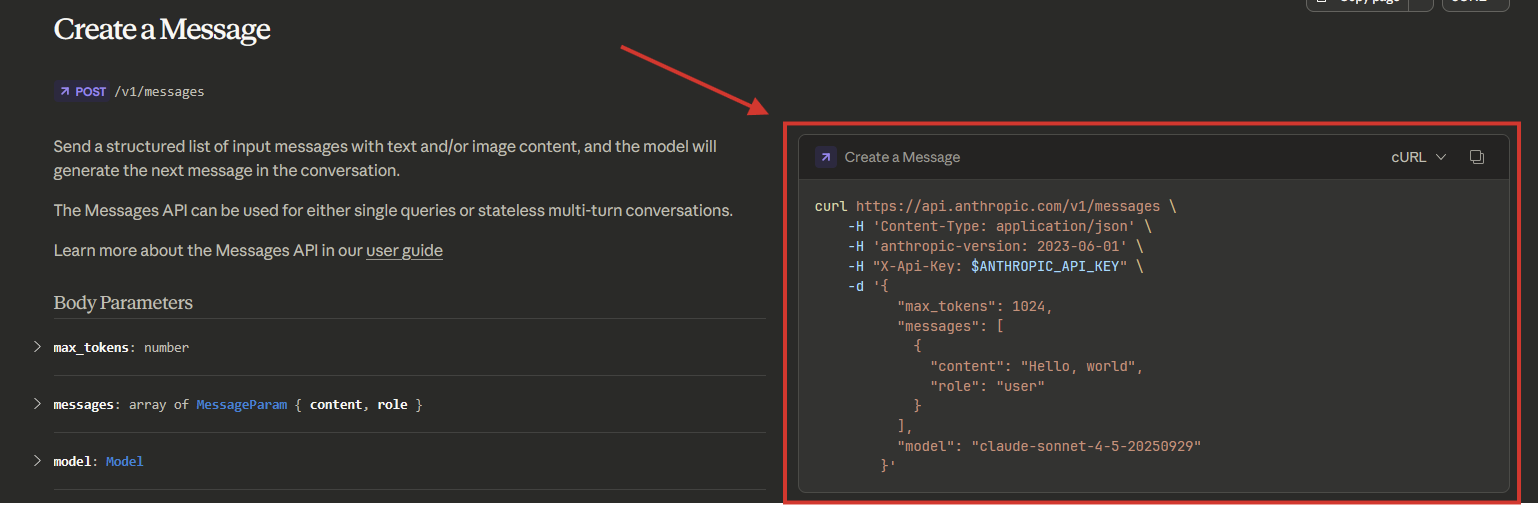 The JSON in the Create a Message section of the Anthropic API documentation