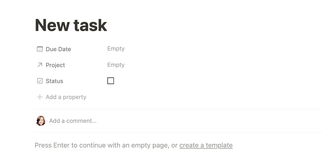 A new task database item in the Notion second brain template.