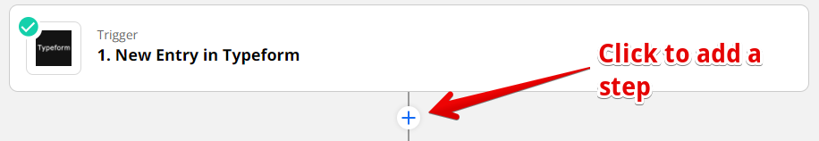 A red arrow pointing to a plus sign button underneath a white box with a Typeform logo and New Entry in Typeform text