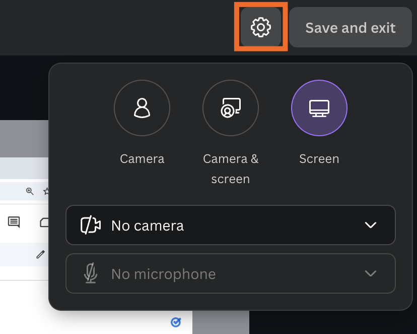 Expanded view of the recording settings in Canva. 