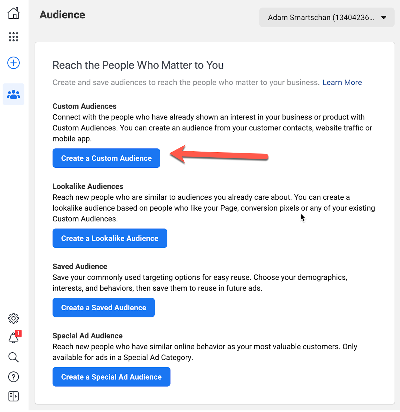 The Audience section with a Create a Custom Audience button
