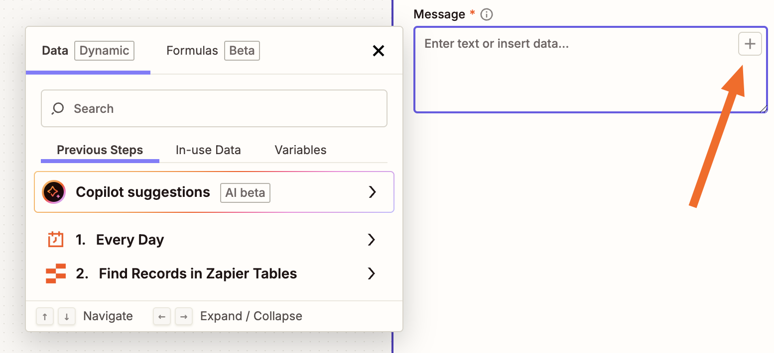 A "Message" field inside a Zap step with an open modal