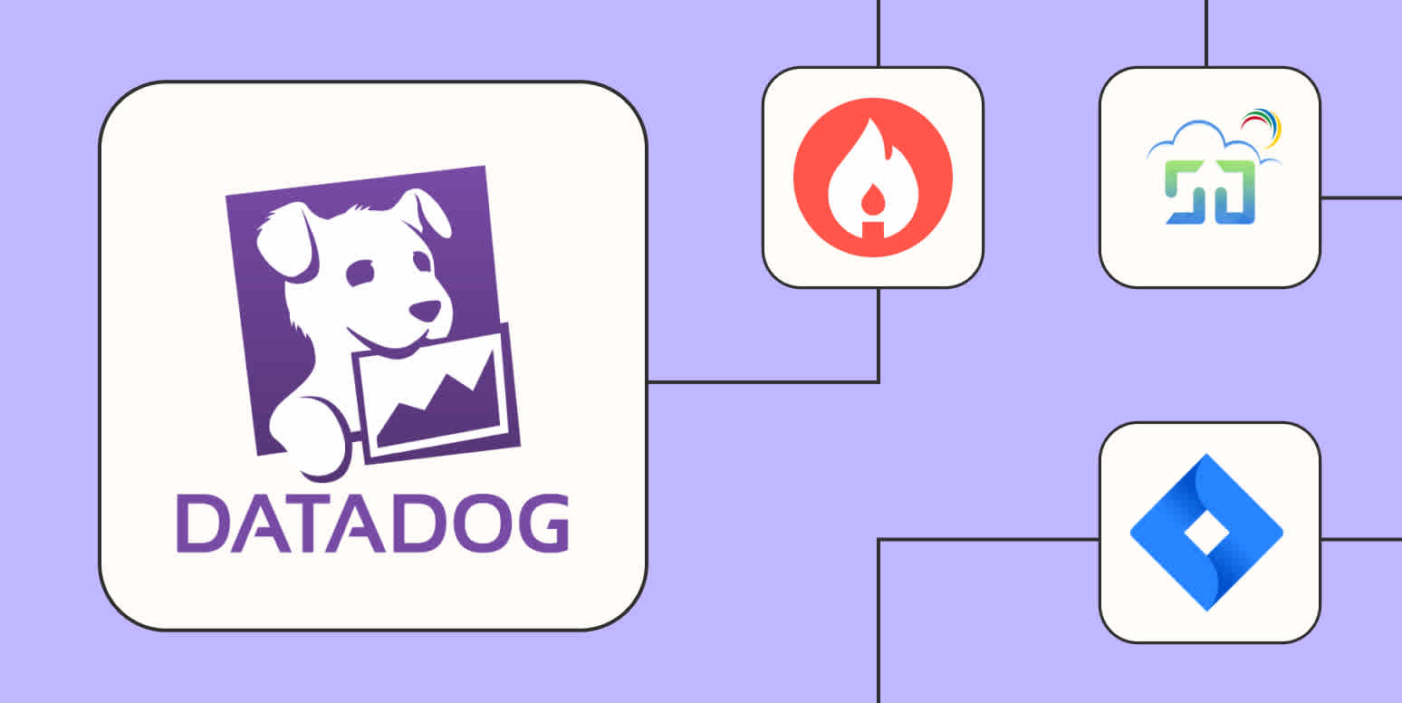 The Datadog logo connected to logos for incident.io, ManageEngine ServiceDesk Plus Cloud, and Jira Software Cloud against a lavender background