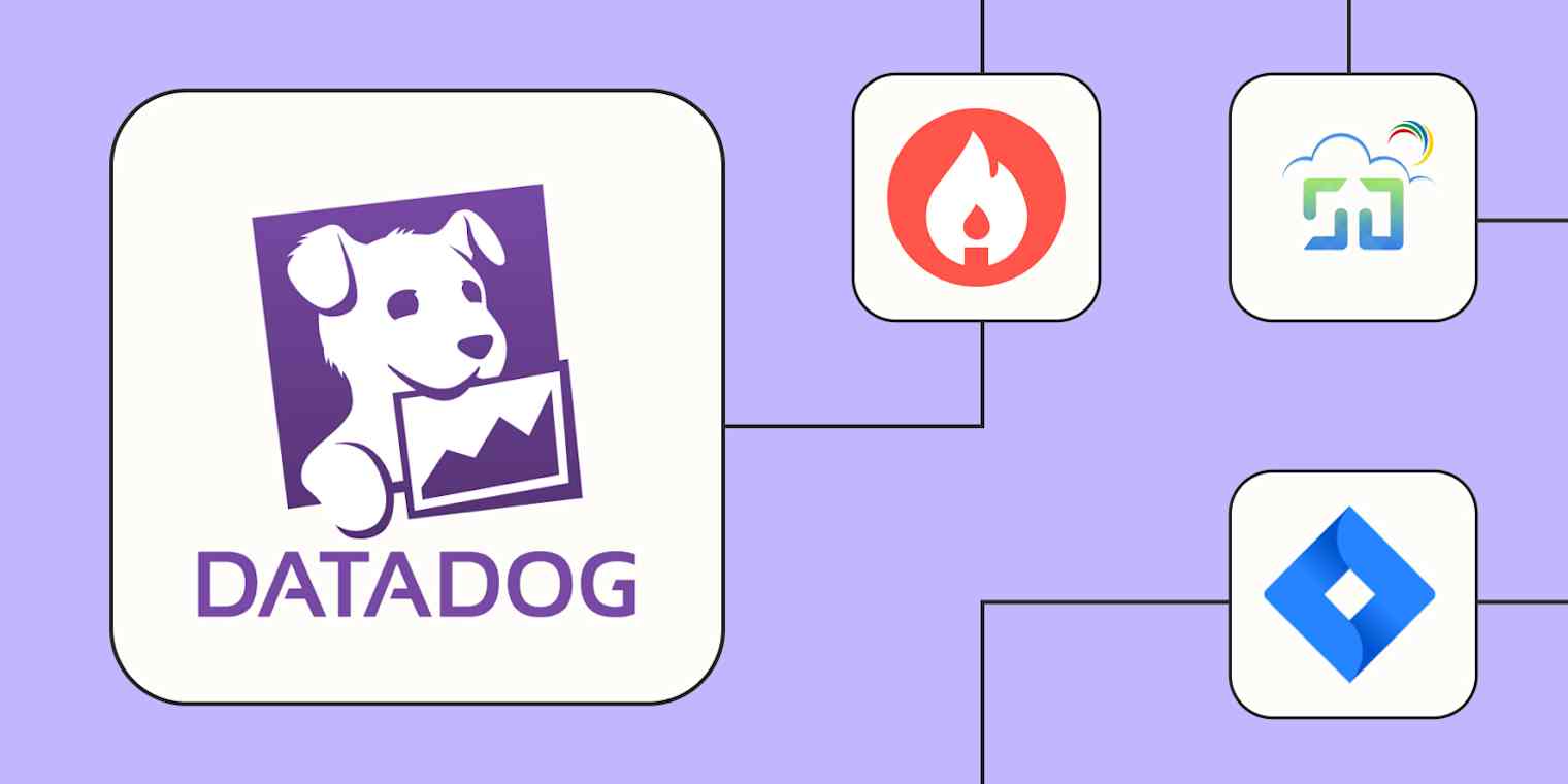 The Datadog logo connected to logos for incident.io, ManageEngine ServiceDesk Plus Cloud, and Jira Software Cloud against a lavender background